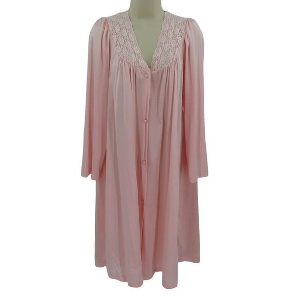 VTG Vanity Fair Women Medium Solid Pink Lace Trim Button Front Nightgown Dress - Picture 1 of 11
